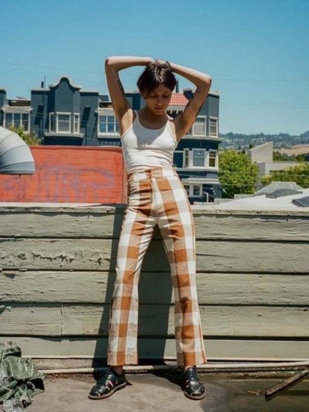 XS Ali Golden Rust/Cream Plaid Raw Silk
Fly Front Pants w/ pockets